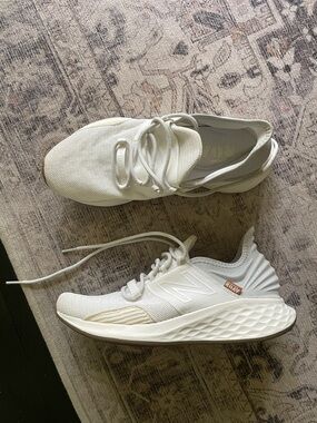 New Balance White Knit Running Sneakers with Cream Accents
